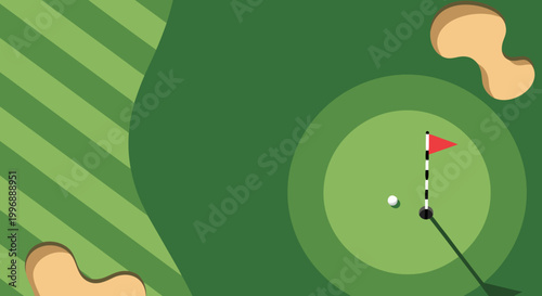 Aerial view of a golf course with a putting green, hole, flag, and sand traps on a sunny day