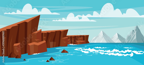 Vector illustration of a picturesque landscape with rocks by the sea. Cartoon scene of high vertical coastal rocks of different sizes, mountains, stones, sea with foamy waves, sky, white clouds.