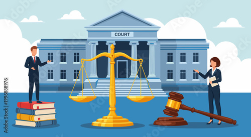 Illustrative representation of a courthouse with scales of justice, gavel, and legal books, symbolizing law and order