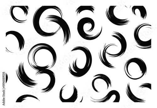 Black Brush Stroke Circles and Swirls on White Background
