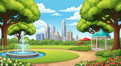 Beautiful cityscape view with a park fountain and gazebo, lush trees, and a clear blue sky with clouds, perfect for relaxation and urban escape