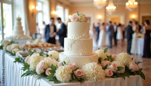 Elegant wedding reception buffet features tiered cake and abundant floral arrangements. Guests mingle in background. Festive atmosphere celebrates union. Sweet desserts await on table.