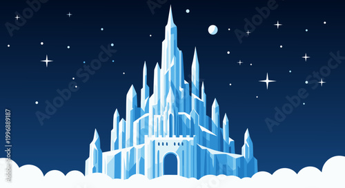 Enchanting Ice Castle Illustration Under a Starry Night Sky, A Magical Winter Palace Floating in Clouds