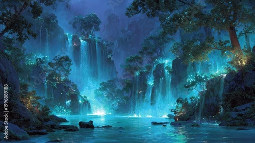 Mystical Glowing Waterfall Cascade in Dark Enchanted Forest Fantasy Digital Art Scenery Environment