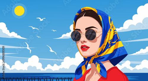 A stylish woman with a headscarf and sunglasses looks out at the sea under a bright sunny sky with seagulls flying
