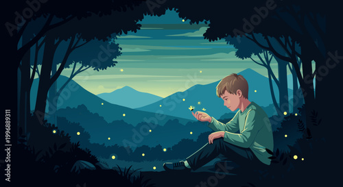 A young boy surrounded by glowing fireflies in a serene forest at dusk, evoking a sense of wonder and magic