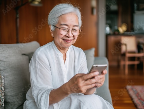 Senior Woman Using Smartphone at Home in Cozy Interior