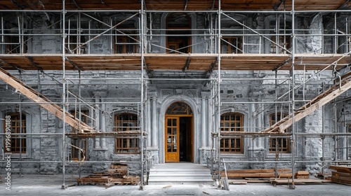 Detailed Architectural Historic Building Exterior Under Restoration with Extensive Scaffolding Structure