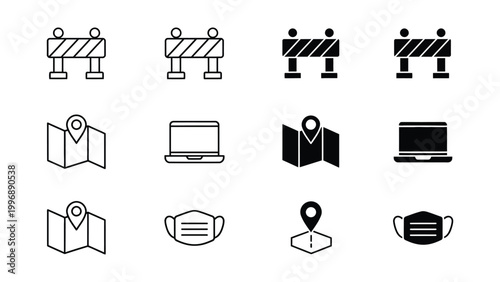 Icons representing travel, restrictions, technology, and health safety measures