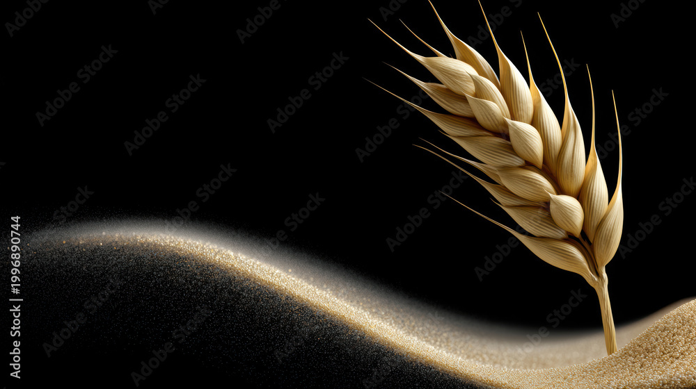 Obraz premium Golden wheat ear sand black background high detail single stalk agriculture nature harvest dry closeup minimal