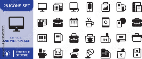 Set of vector icons for mobile phones featuring business communication technology and office symbols for web and computer use 