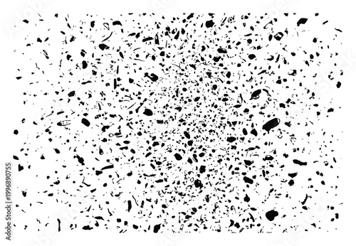 Black Speckled Texture with Scattered Irregular Shapes on White Background