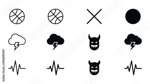 Collection of icons depicting sports, weather, and supernatural elements