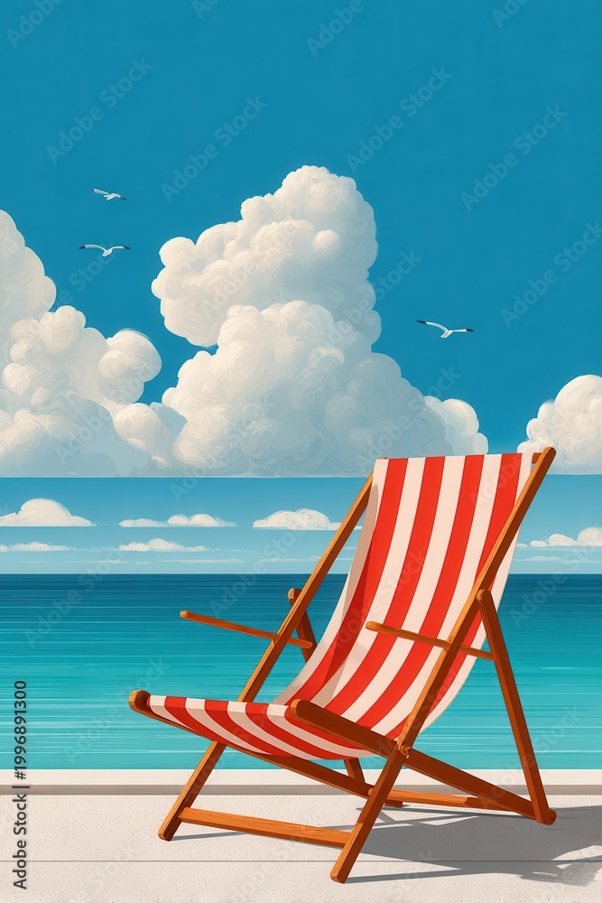 Fototapeta premium Empty red and white striped beach chair on a sunny seaside deck with calm ocean and clouds