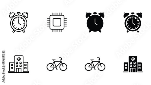 Assorted icons representing technology, health, and time management concepts