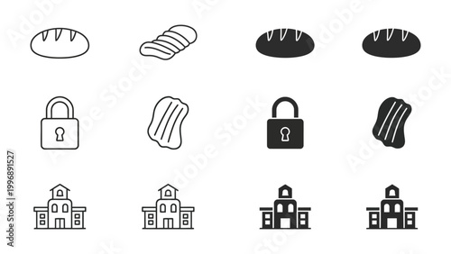 Variations of bread, locks, and buildings in simple line drawings