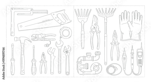 Various hand tools and equipment for construction and gardening work