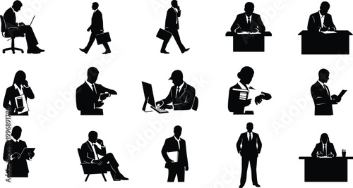 Business People Silhouettes Performing Office Tasks, Professionals Using Laptop Reading Documents and Communication Set