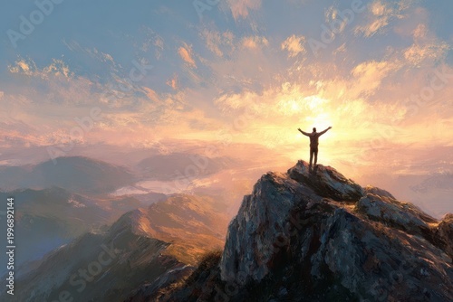 Joyful man on a mountain peak at sunrise, arms raised in praise to the divine, symbolizing faith, hope, and world wisdom