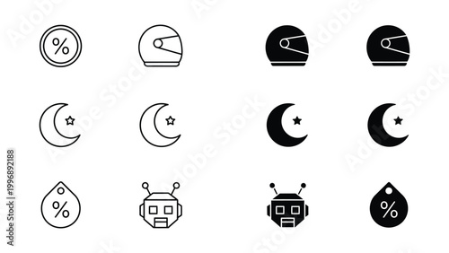 Collection of icons featuring futuristic and celestial themes with percentage symbols
