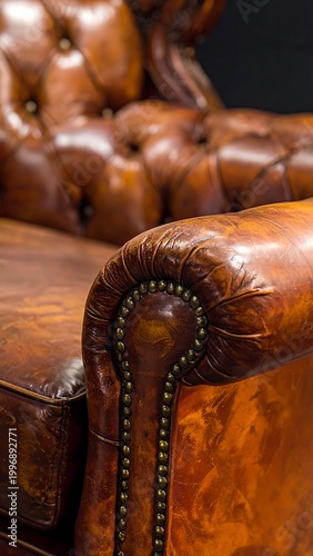 Close-up of a luxurious, tufted leather armchair showing rich brown hues and decorative brass tacks along the armrest