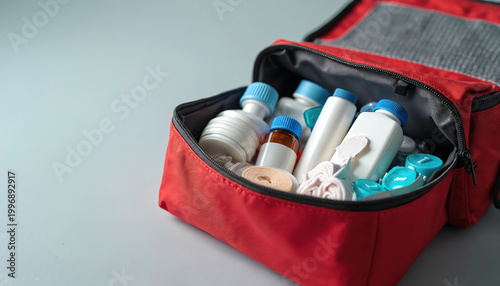 Red medical kit bag brimful with first aid essentials. Includes bandages, medicine bottles, antiseptic wipes, health care items for emergencies. Portable container ensures immediate medical aid