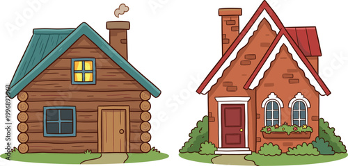 Cartoon House Illustration Set Featuring Cozy Log Cabin and Classic Red Brick House for Home, Architecture, and Design Projects