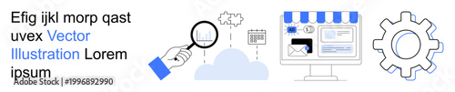 Digital transformation, cloud computing, data analysis, e-commerce, workflow automation, innovation. Magnifying glass, cloud store interface gear. Cloud computing and data analysis