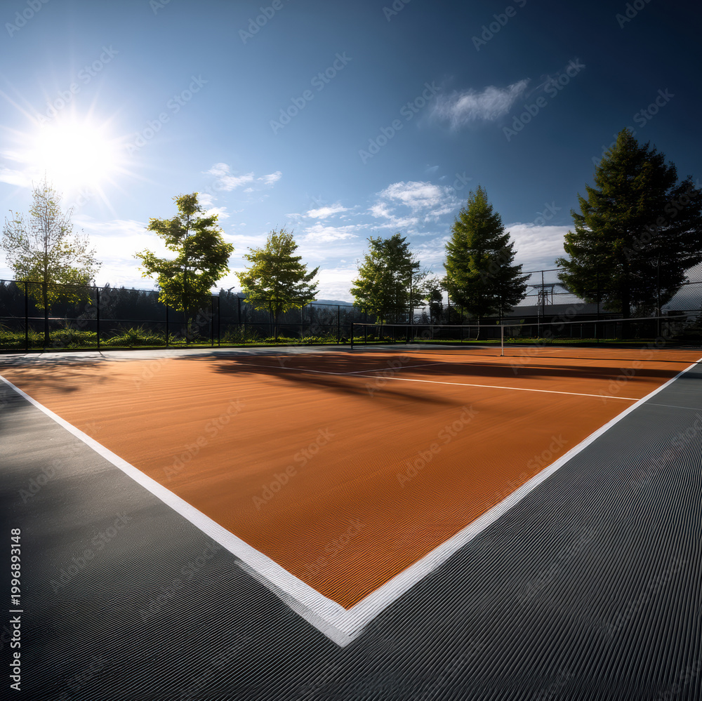 Fototapeta premium Sunlit tennis court with orange surface, white lines, green trees, blue sky, and long shadows, outdoor sports facility, peaceful morning