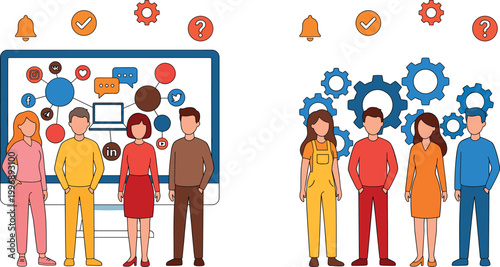 Social Media and Business Team Illustration Set Featuring People, Icons, and Gear Representing Communication and Teamwork for Digital Marketing and Work Design Projects