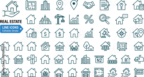 Real Estate Line Icon Set Featuring House, Property, Sold, Building, Legal, and Financial Icons for Real Estate, Investment, and Property Design Projects