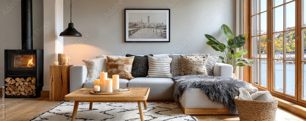 Fototapeta premium Cozy Scandinavian living room with wood-burning stove, soft sofa, candles and lake view
