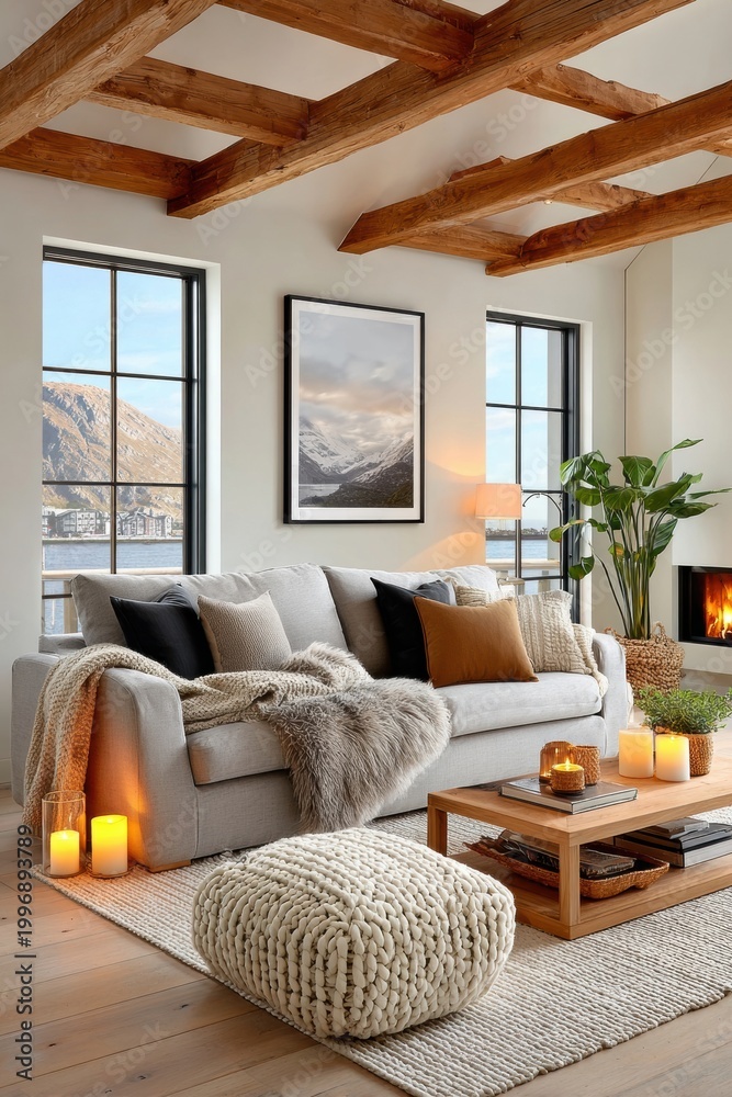 Fototapeta premium Cozy Scandinavian living room with sofa, fireplace, wooden beams and knit pouf by window