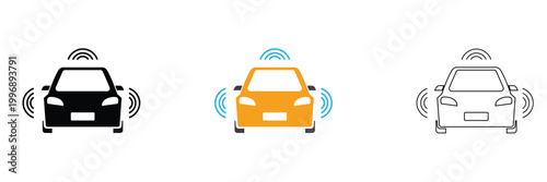 Autonomous car technology flat and outline icons. Set of autonomous car and smart vehicle icons including sensors, navigation, AI systems, and safety features for modern mobility concepts.