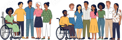 Diversity and Inclusion Illustration Featuring Groups of People with Wheelchairs in Community Vector Artwork