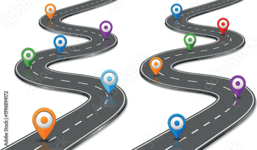 Journey Map Illustration Featuring Winding Roads with Colorful Location Markers Representing Progress and Milestones in Vector Artwork