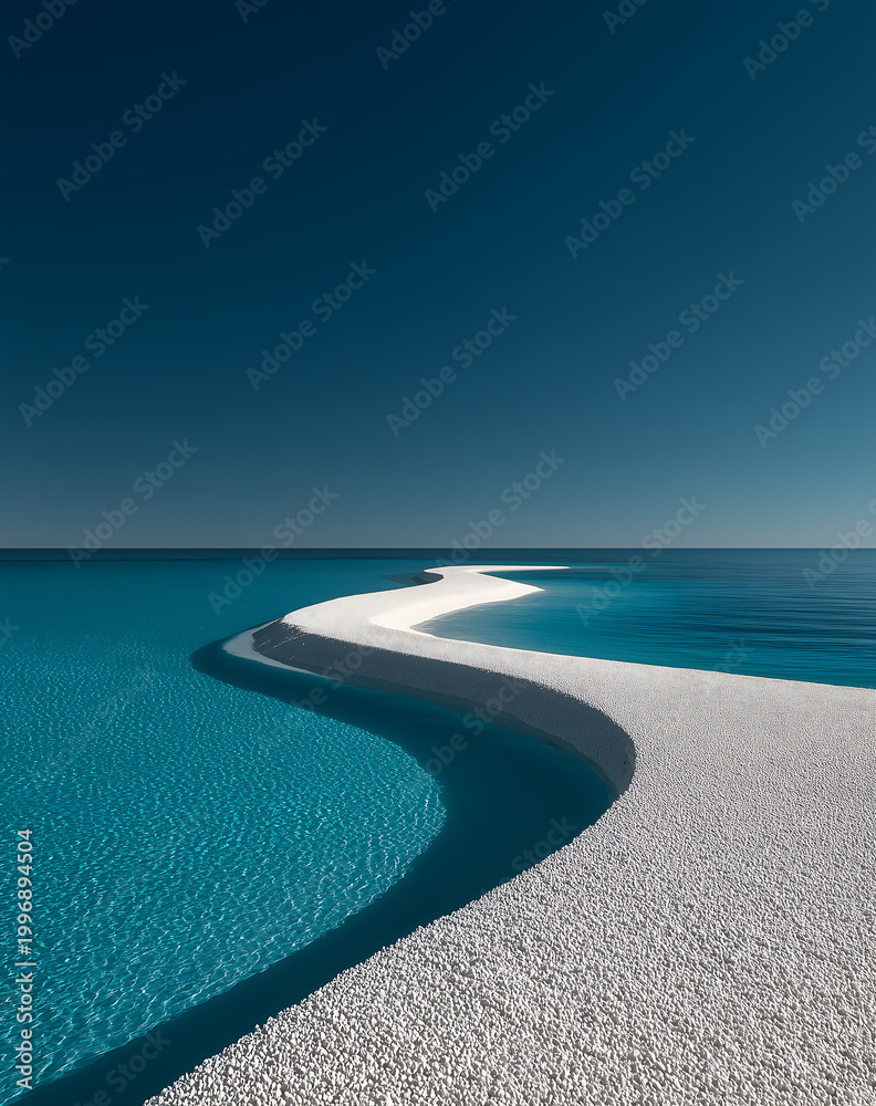 Fototapeta premium Serene Coastal Sand Curve Meeting Turquoise Ocean Under Clear Sky