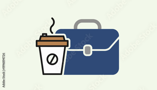 Essential Morning Workday Companion Stylized Briefcase and Steaming Coffee Cup Icon for Professional Routine and Business Productivity