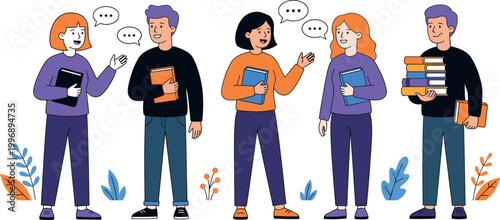 Academic Illustration Featuring Students Holding Books and Conversing with Speech Bubbles in Casual School Setting Vector Artwork