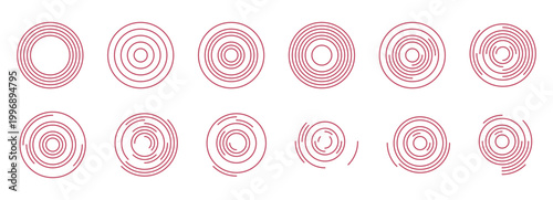 Concentric circle patterns set. Red outlined rings radiating from center with broken, interrupted line segments. Ripple wave effect, radial sound pulse. Logo icon, target symbol. Vector.