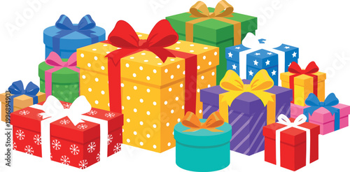 Gift Box Illustration Featuring Colorful Wrapped Presents with Bows, Patterns, and Festive Decorations in Vector Artwork