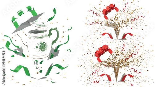 Celebration Illustration Featuring Teapot and Gift Boxes Bursting with Confetti, Ribbons, and Sparkles in Festive Vector Artwork