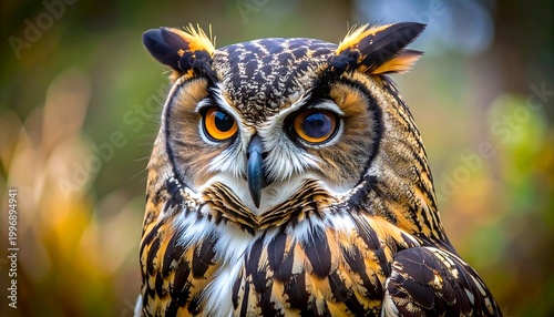 Close-up of a majestic raptor with distinctive ear tufts and striking orange eyes, set against a blurred background