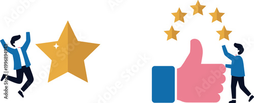 Achievement and Feedback Illustration Featuring Stars, Thumbs‑Up, and People Celebrating Success and Recognition in Vector Artwork