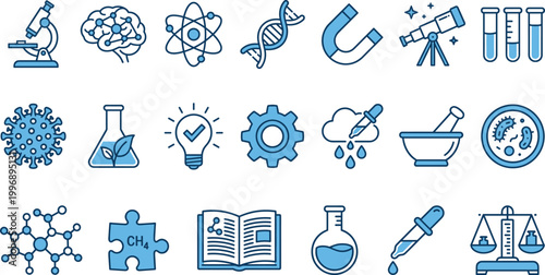 Science Icon Collection Featuring Microscope, DNA, Atom, Brain, Magnet, Virus, and Laboratory Tools in Blue Vector Artwork