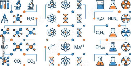 Science Illustration Featuring Chemistry, Biology, and Physics Symbols with Molecules, Formulas, DNA, and Laboratory Equipment in Vector Artwork