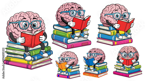Cartoon brain character reading books, smart brain mascot with glasses sitting on book stack, educational vector set for school and learning