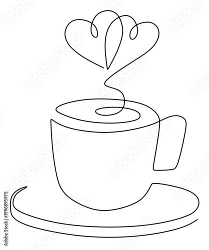 a continuous single line drawing of a cup containing a hot beverage such as coffee or tea that is steaming in the shape of a heart. vector image with a white background