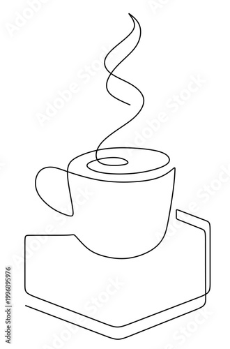 a continuous line drawing of a cup containing a hot beverage such as coffee or tea that is steaming hot. vector image with a white background