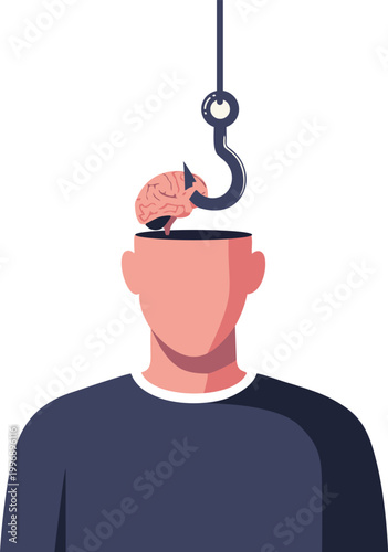 Brain being hooked and pulled out of a man's open head representing manipulation or mind control vector illustration